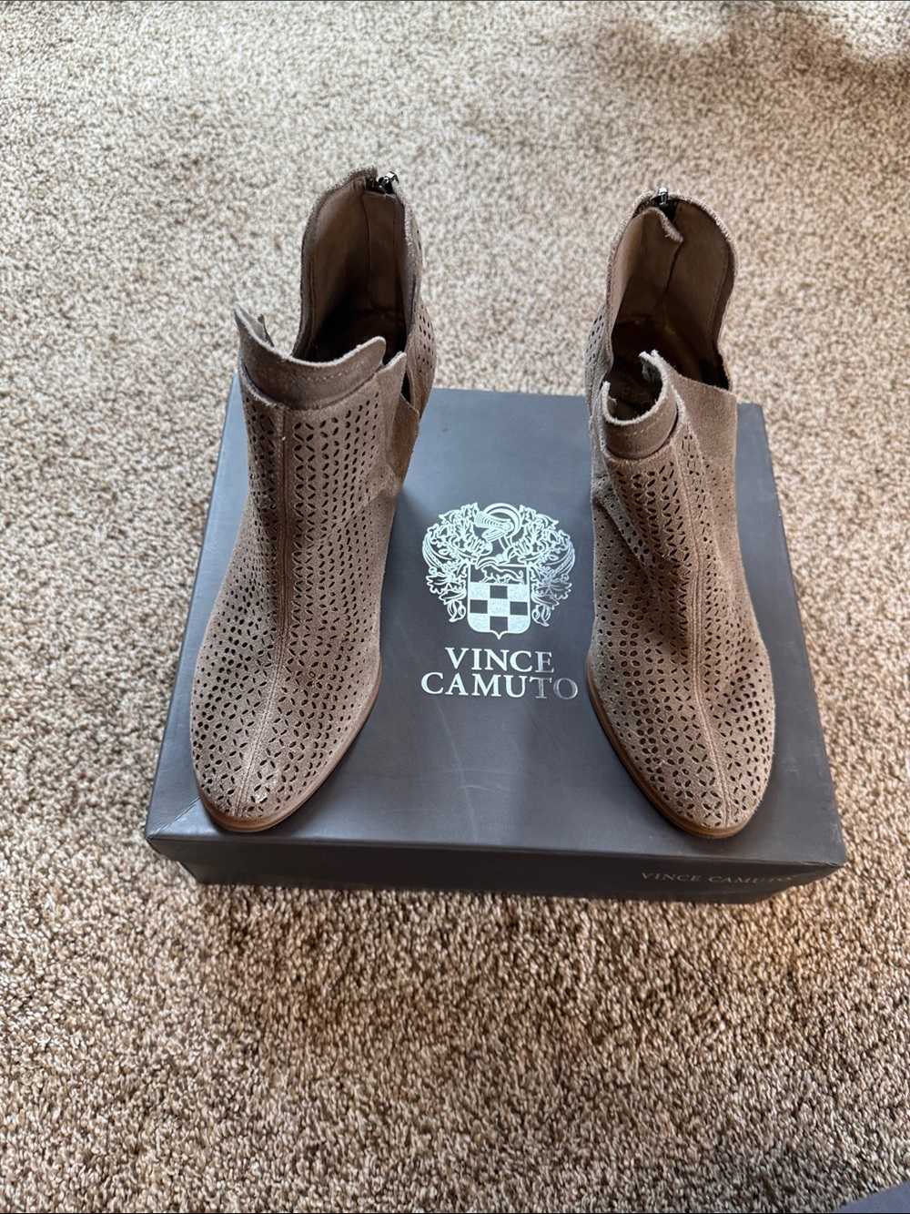 Vince Camuto Taupe Perforated Suede Ankle Boots